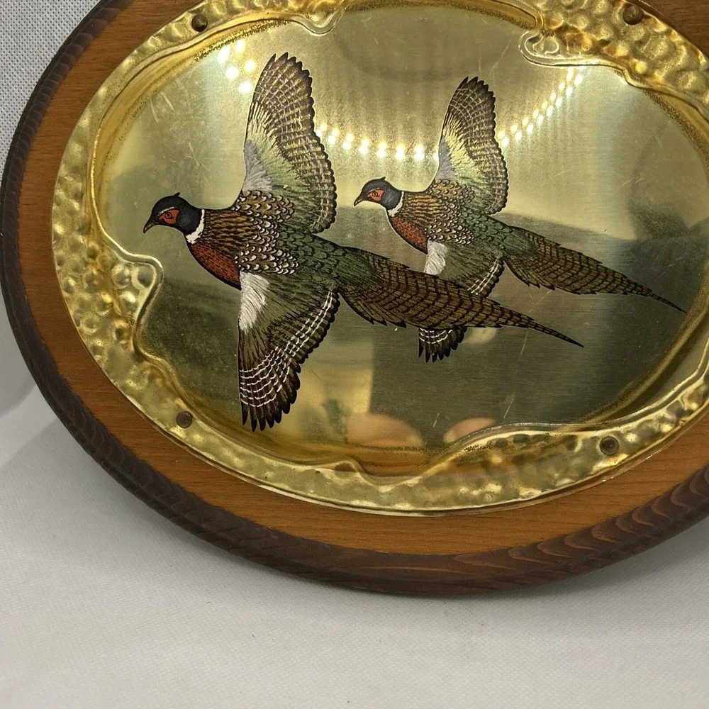 VTG Pheasant Plaque Wall Hanging Brass Colored Tin Wood Home Decor Camp Man Cave